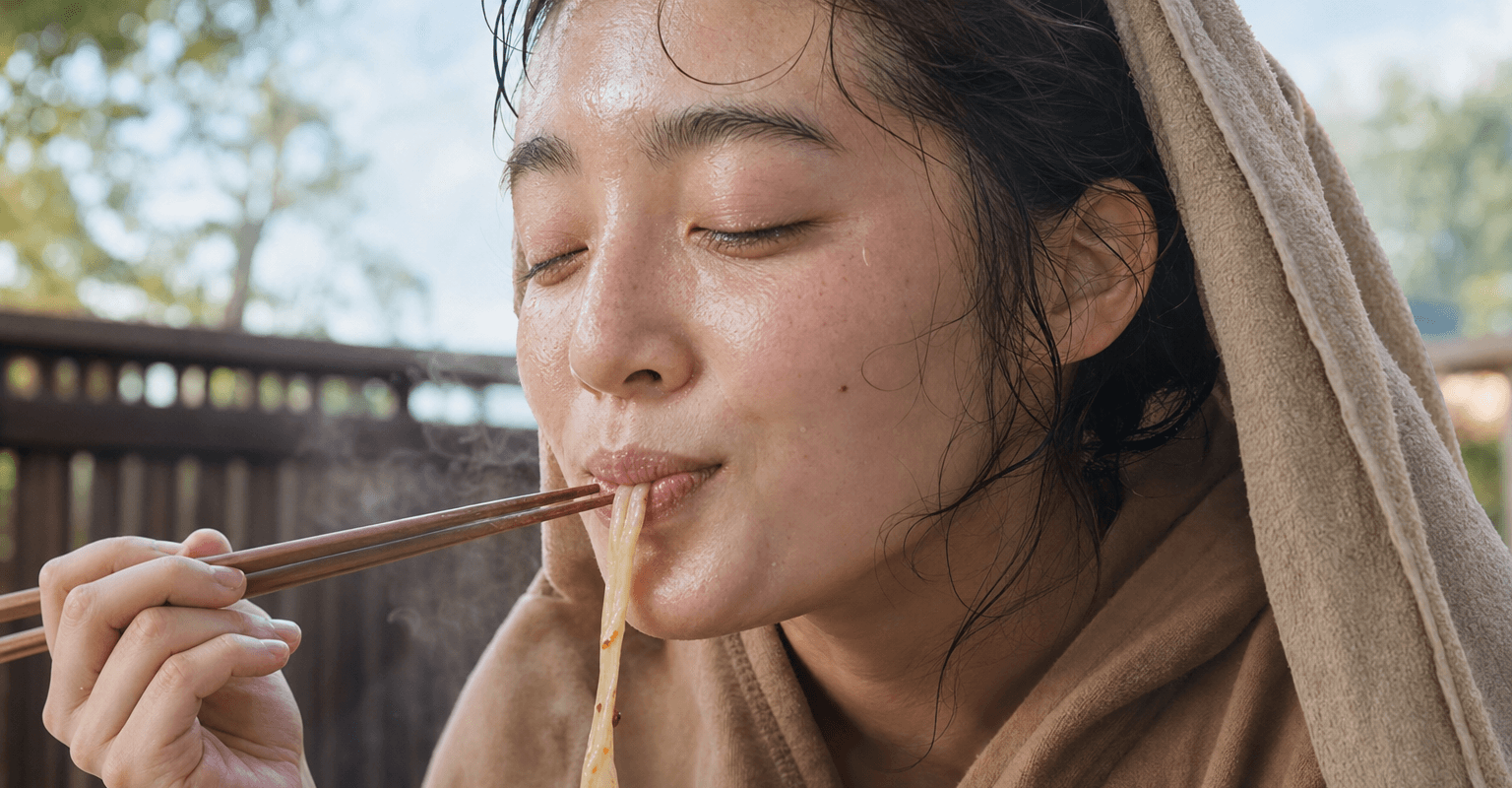 サウナ上がりに麻辣湯を食べる女性